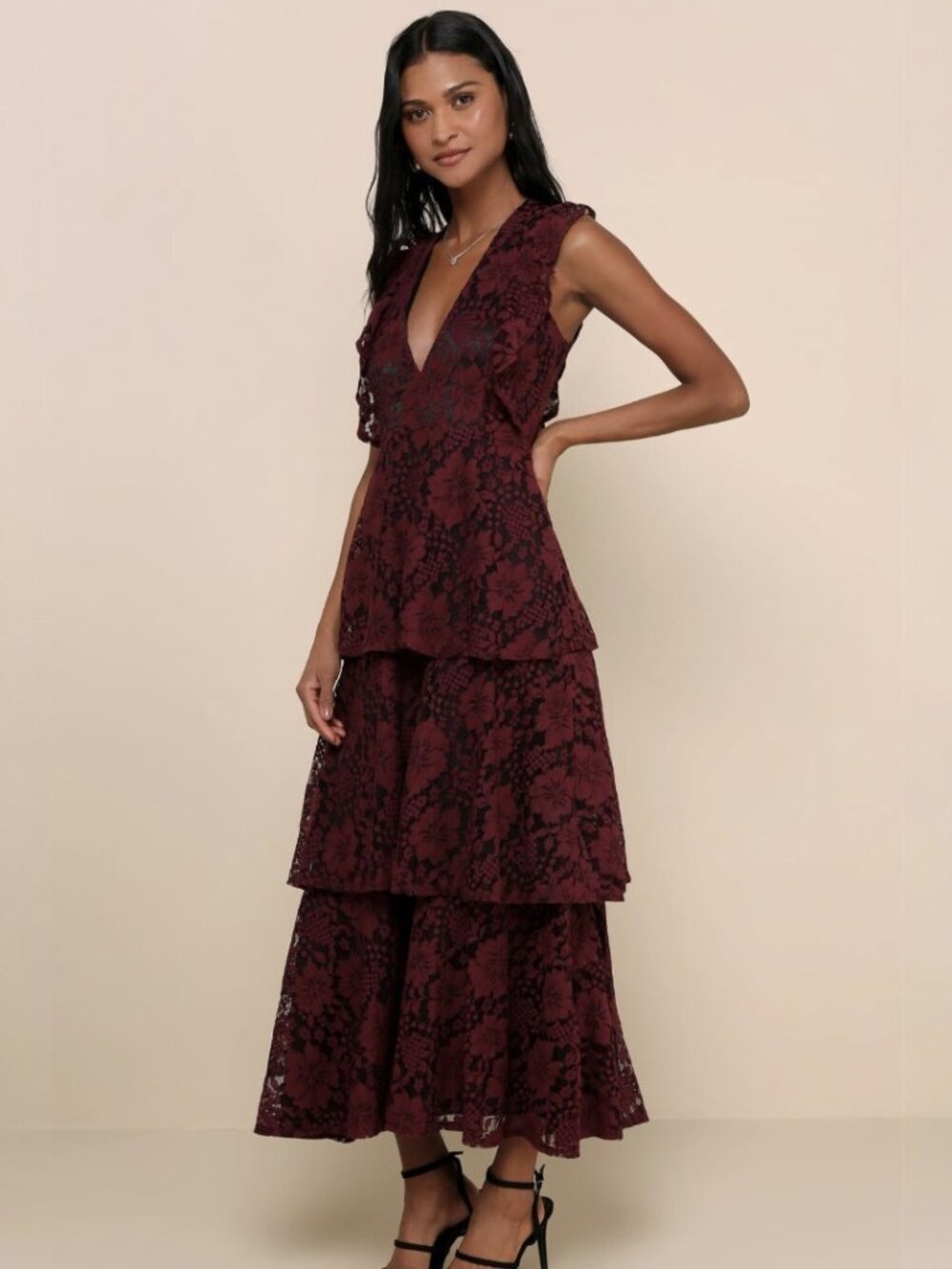 NWT Lulus Molinetto Burgundy Lace Ruffled Tiered Sleeveless Maxi Dress​ - Picture 3 of 10